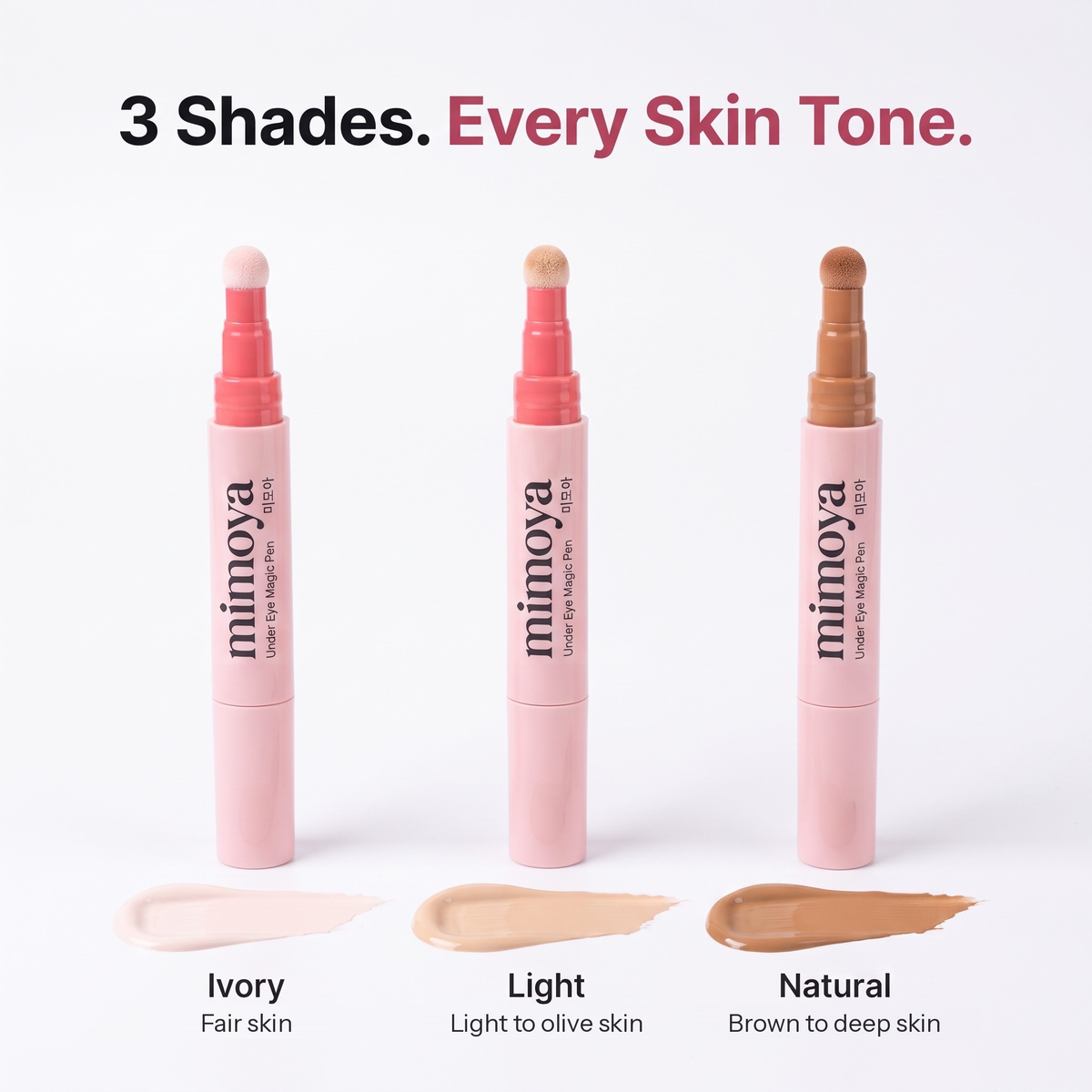 MIMOYA Under Eye Magic Pen in 3 shades: Ivory for fair skin, Light for light to olive skin, Natural for brown to deep skin