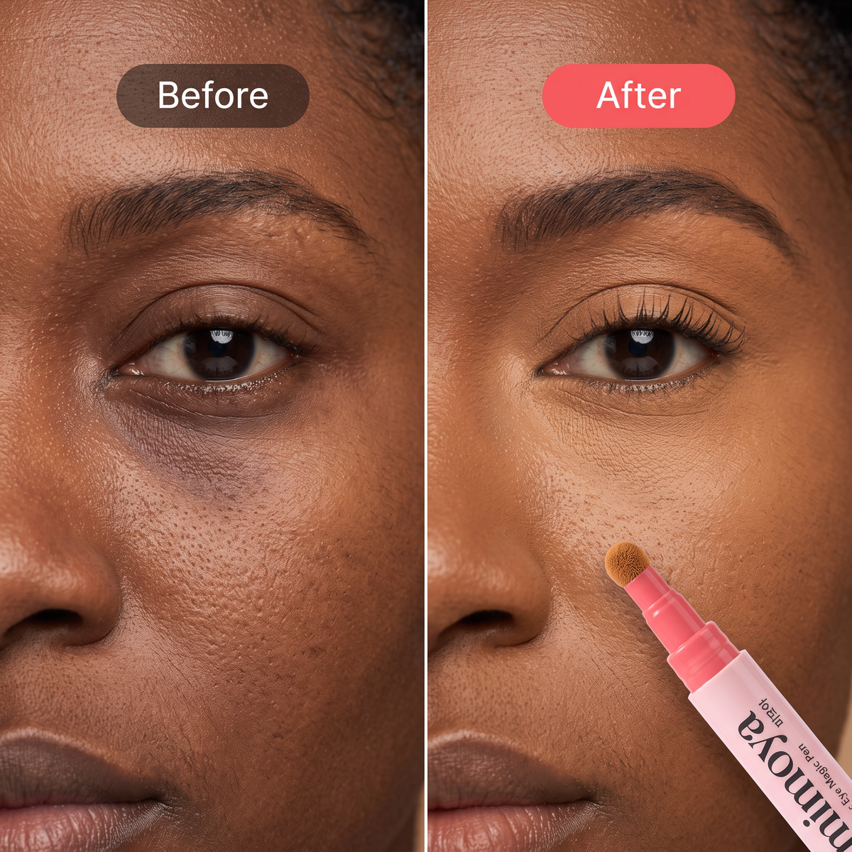 Under-eye hyperpigmentation before and after MIMOYA Under Eye Magic Pen Natural shade on deep skin