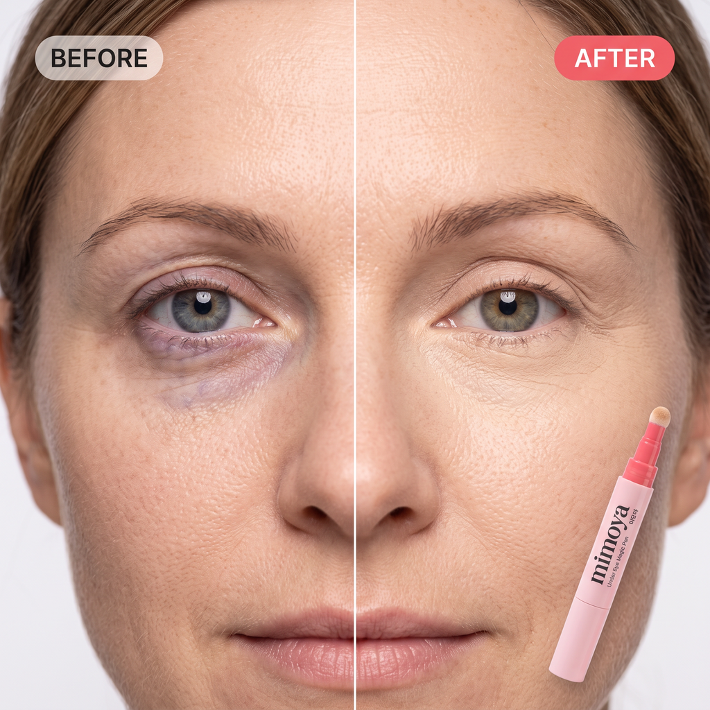 Under-eye dark circles and veins before and after MIMOYA Under Eye Magic Pen on fair skin