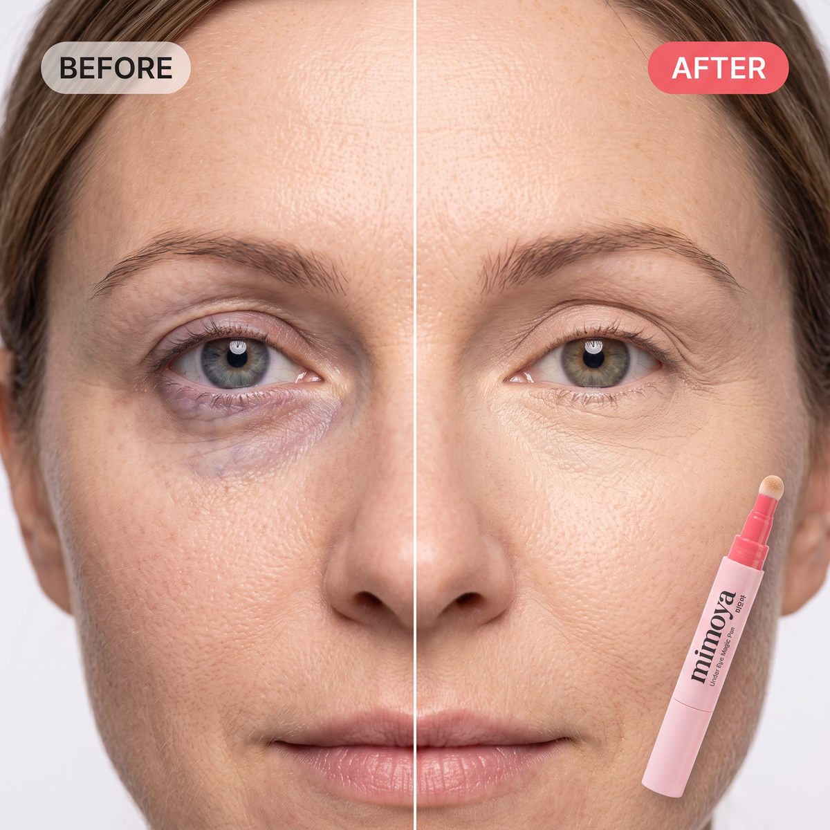 Under-eye dark circles and veins before and after MIMOYA Under Eye Magic Pen on fair skin