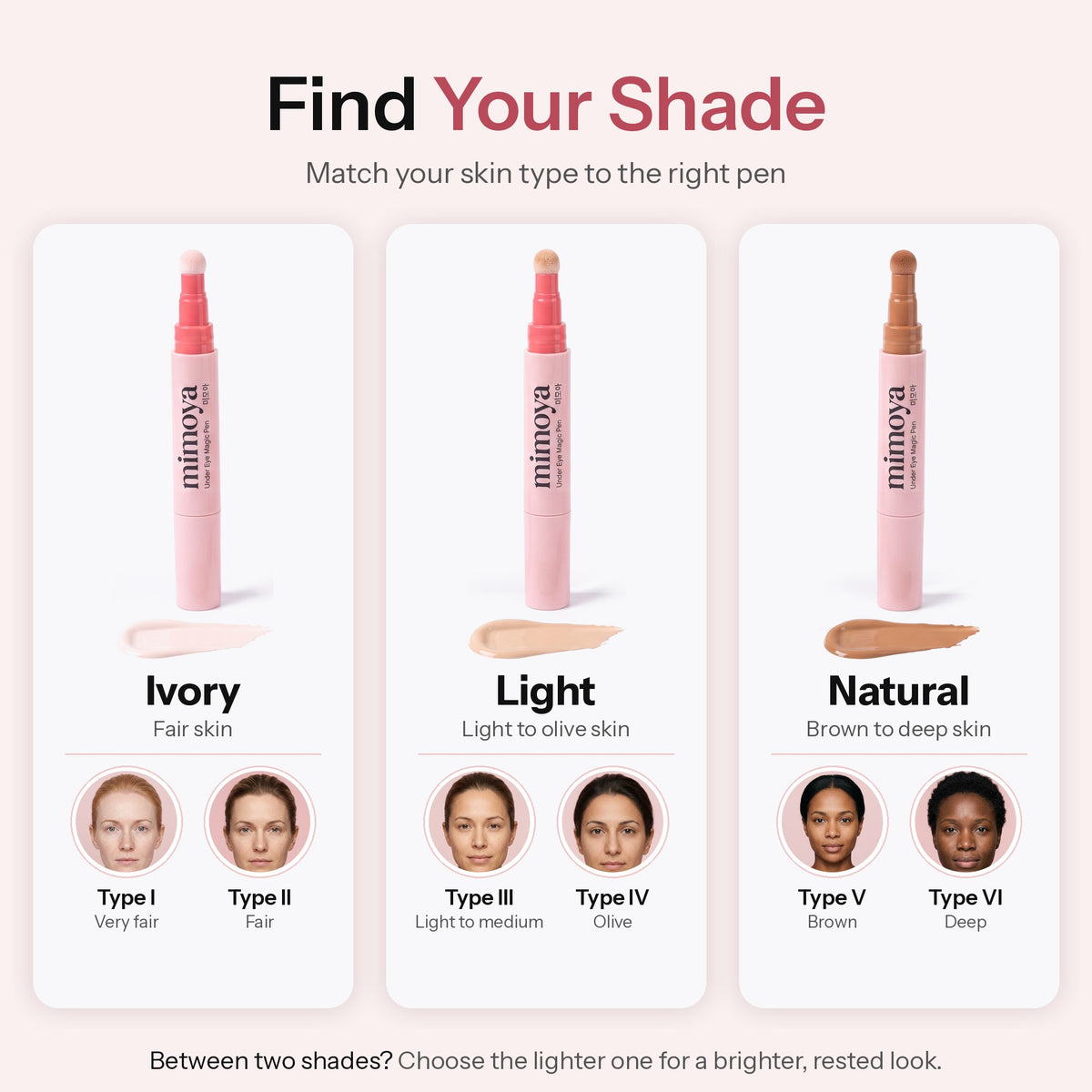 Find your shade: MIMOYA Under Eye Magic Pen Ivory for skin types I-II, Light for skin types III-IV, Natural for skin types V-VI