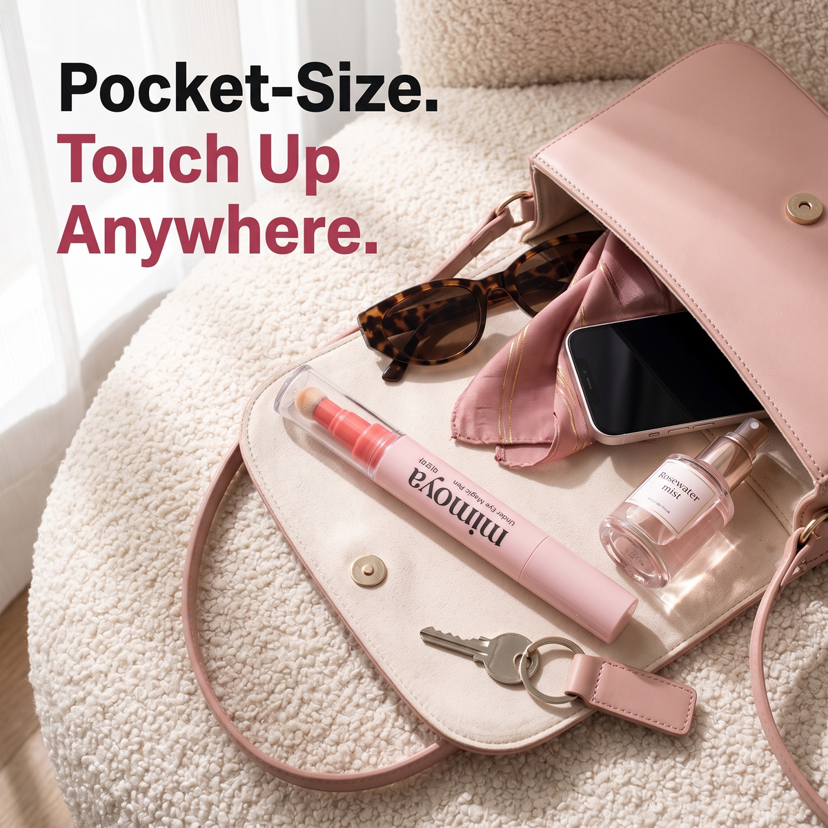 Pocket-size MIMOYA Under Eye Magic Pen in a handbag for touch-ups anywhere