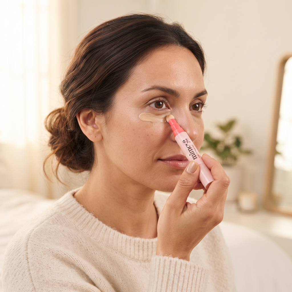Woman applying MIMOYA Under Eye Magic Pen concealer under the eye with the soft cushion tip